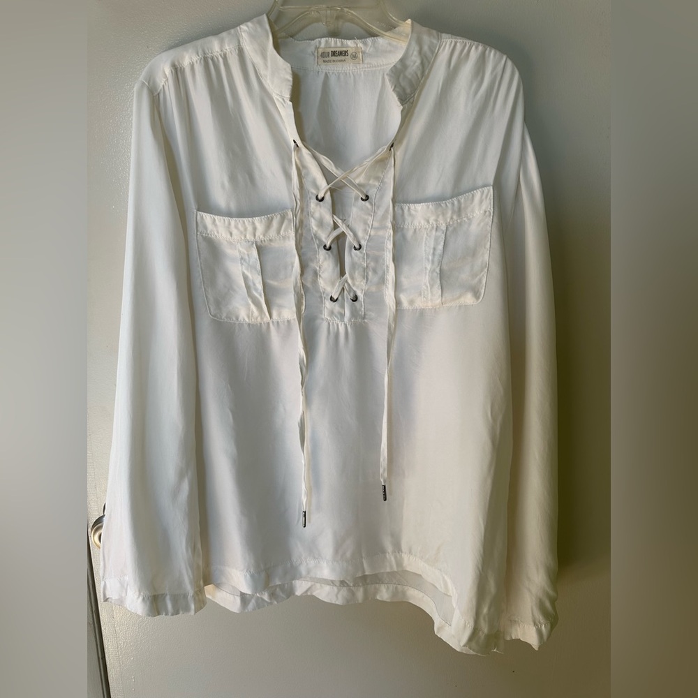 4our dreamers - White Lace-Up Blouse